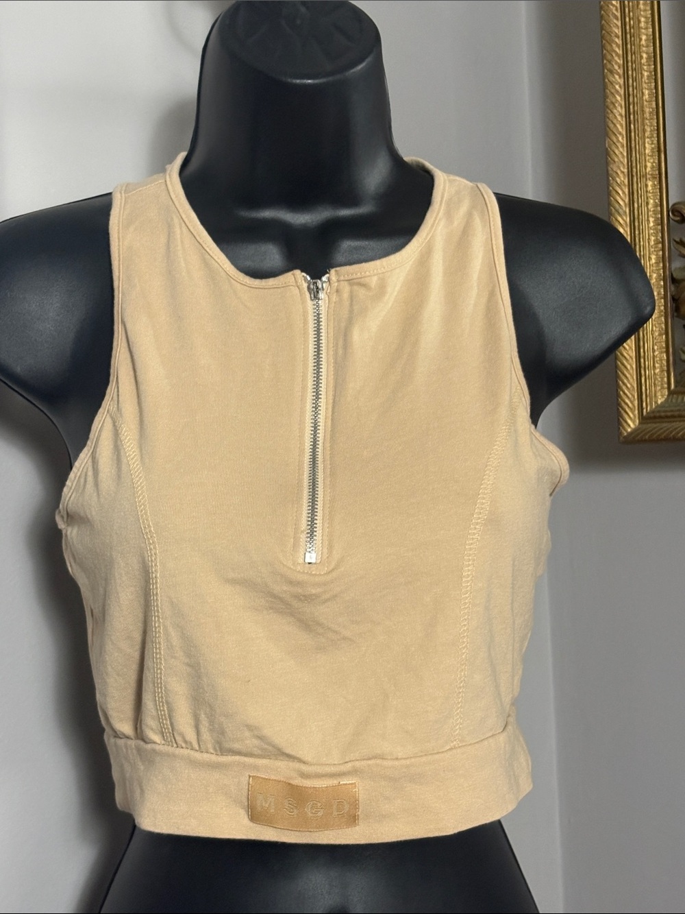 Missguided Size 6 Neutral Zip Front Cropped Tank Top